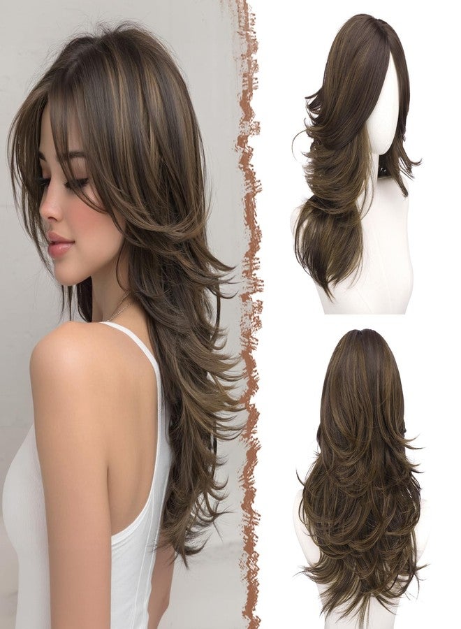 فيشبن شعر مستعار بني فاتح مموج متعدد الطبقات مع غرة جانبية للنساء، طوله 22 بوصة، مصنوع من شعر صناعي طبيعي المظهر مع فرق في المنتصف، مناسب للحفلات التنكرية والاستخدام اليومي - Image 1